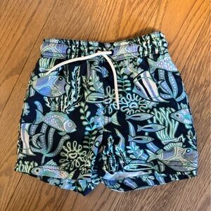Janie and Jack Navy Blue Swim Trunks with Teal & Light Blue Fish Print